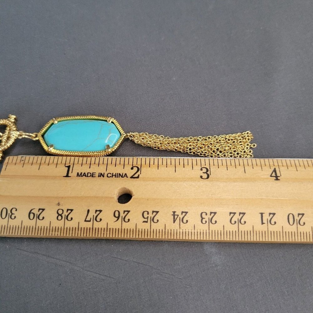 Womens Gold Tone Tasseled Lariat Pendant Necklace Double Strand Blue Stone 16 in - Picture 8 of 8